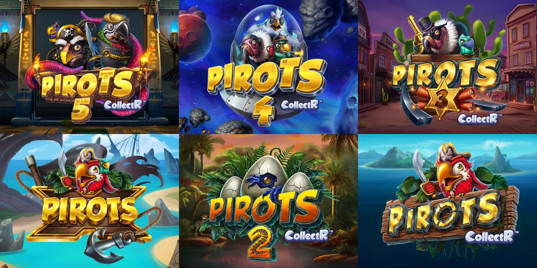 Le copertine ufficiali dei sei giochi Pirots di ELK Studios: Pirots 5, Pirots 4, Pirots 3, Pirots X, Pirots 2 e il primo Pirots