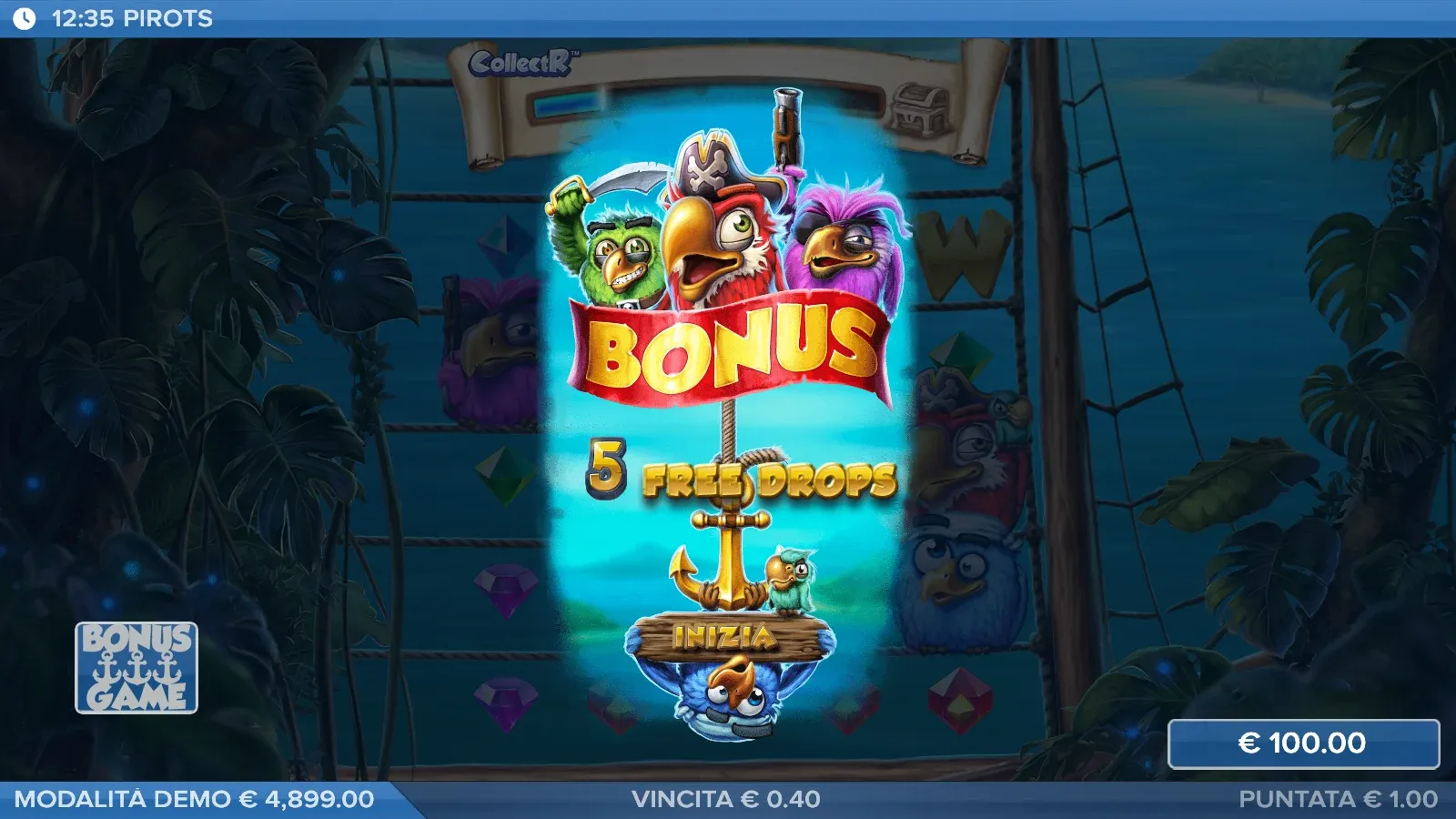 Avvio del bonus del primo Pirots con i pappagalli sull’ancora e 5 free drops