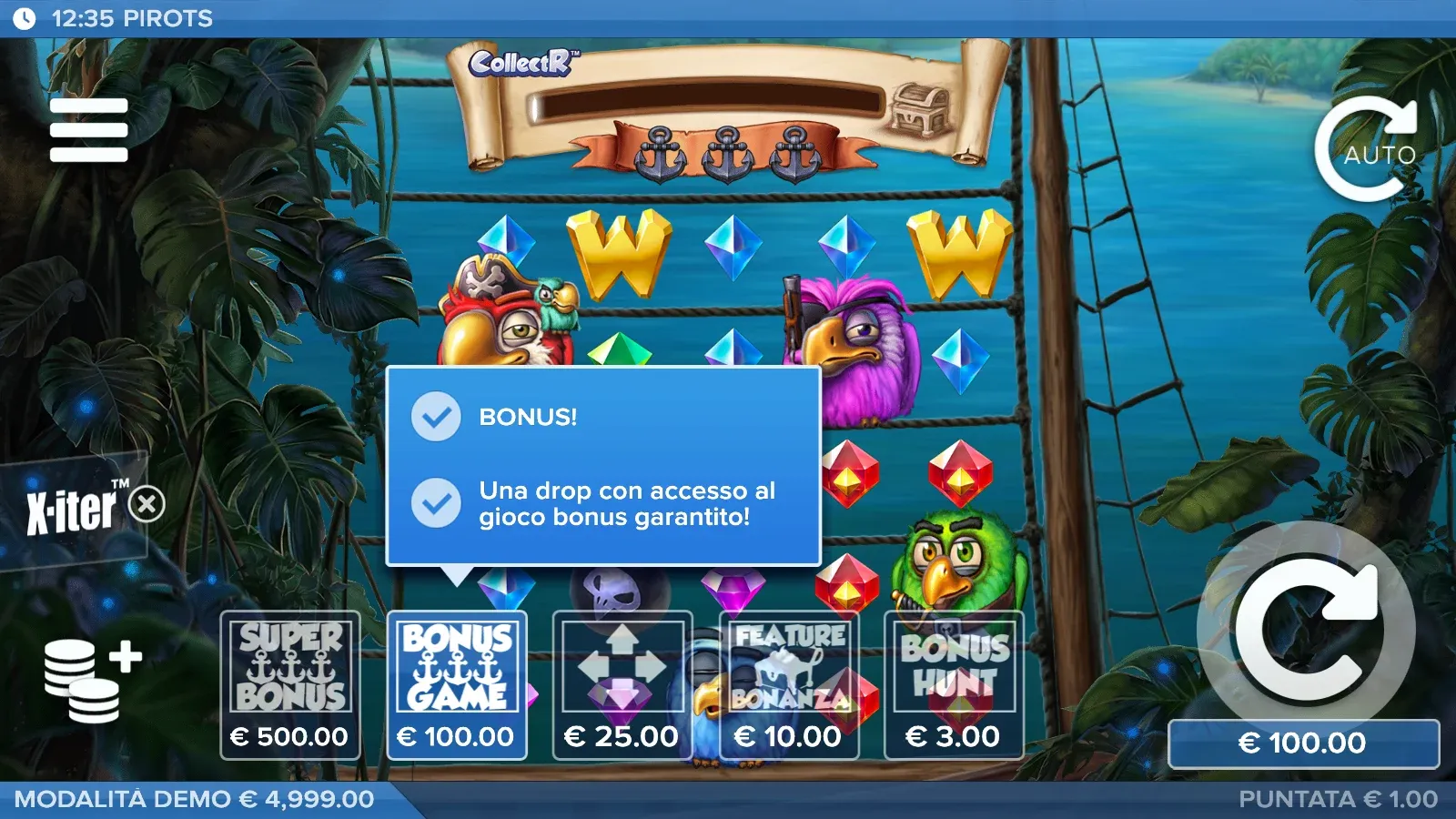 Menu X-iter del primo Pirots: Super Bonus 500 €, Bonus Game 100 €, Griglia al massimo 25 €, Feature Bonanza 10 €, Bonus Hunt 3 €