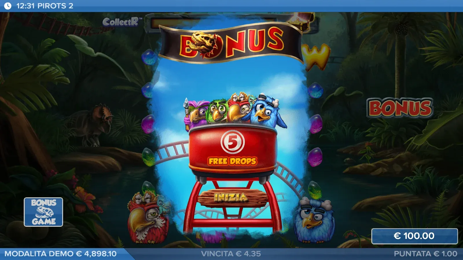 Avvio del bonus di Pirots 2 con i quattro uccelli sul vagone delle montagne russe e 5 free drops