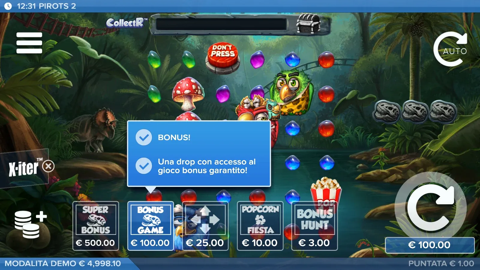 Menu X-iter di Pirots 2: Super Bonus 500 €, Bonus Game 100 €, Griglia al massimo 25 €, Popcorn Fiesta 10 €, Bonus Hunt 3 €