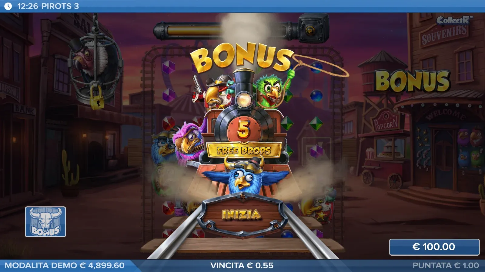 Avvio del bonus di Pirots 3 con il treno e il cartello 5 free drops