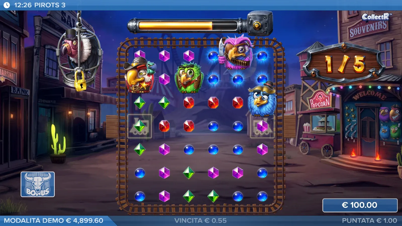 Prima free drop del bonus di Pirots 3 con il contatore 1/5 e gli uccelli sulla griglia