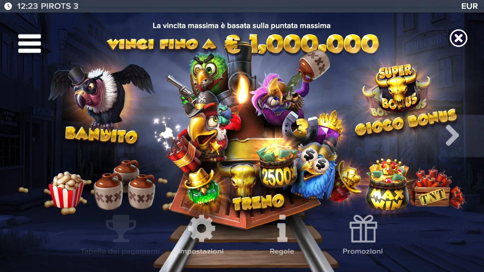 Menu di Pirots 3 con la scritta Vinci fino a 1.000.000 € basata sulla puntata massima