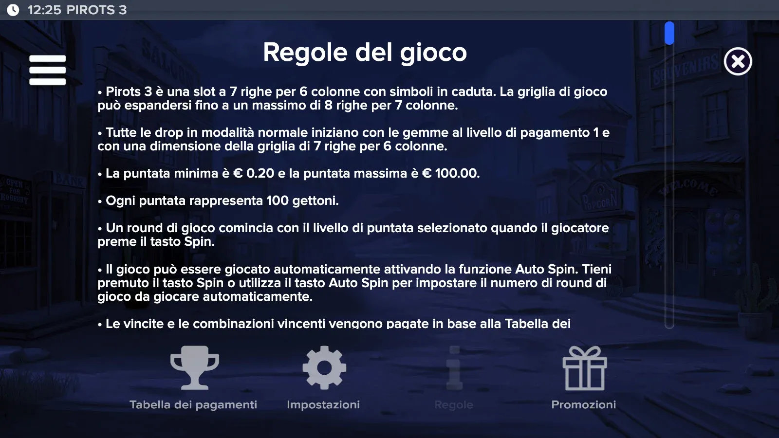 Regole del gioco di Pirots 3 in italiano nel menu della demo