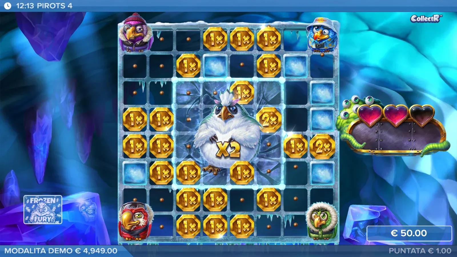 Gioco a monete Frozen Fury di Pirots 4 con lo Yeti x2 al centro e monete da 1x e 2x sulla griglia 8×8