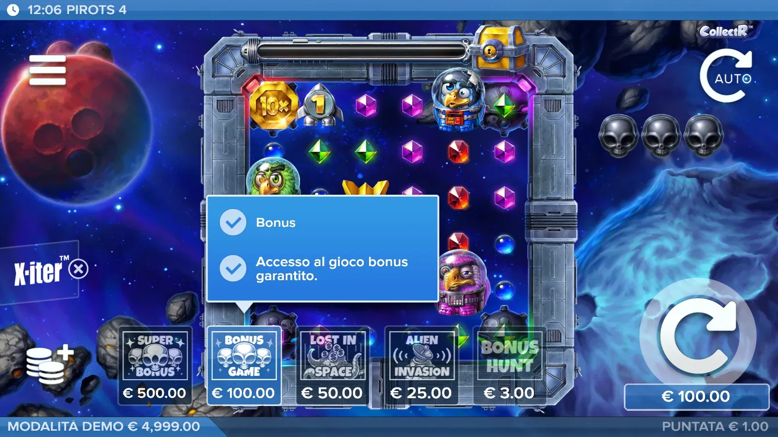 Menu X-iter di Pirots 4 nella demo con Bonus Game a 100 € selezionato