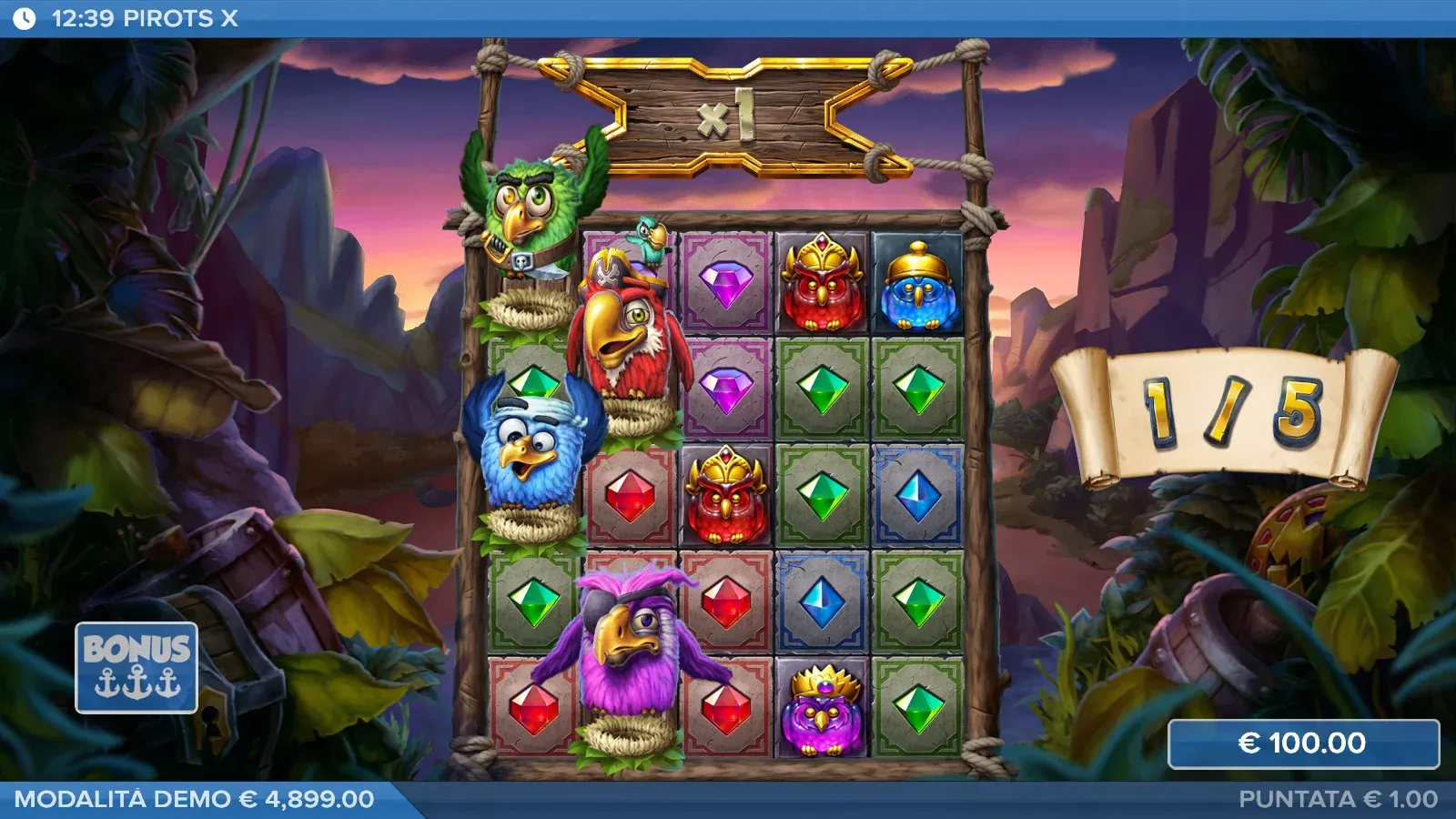 Avvio del bonus di Pirots X con i pappagalli su una nave e 5 free drops