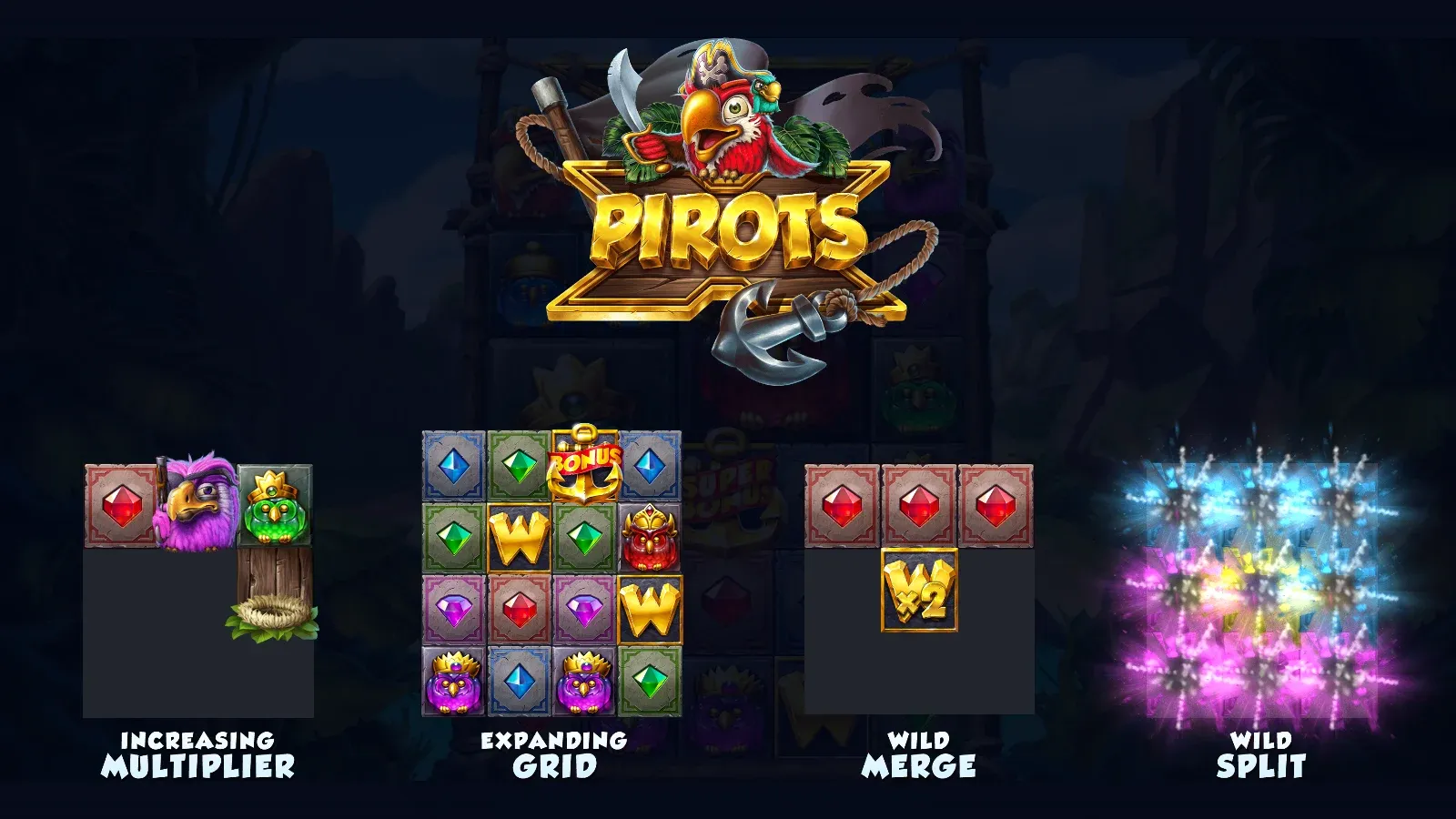 Schermata introduttiva di Pirots X con le funzioni Increasing Multiplier, Expanding Grid, Wild Merge e Wild Split