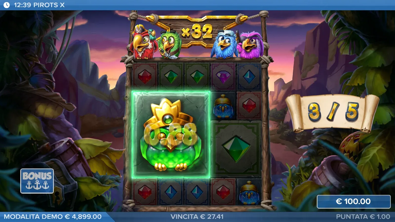 Simbolo gigante 2×2 verde in Pirots X con moltiplicatore globale x32